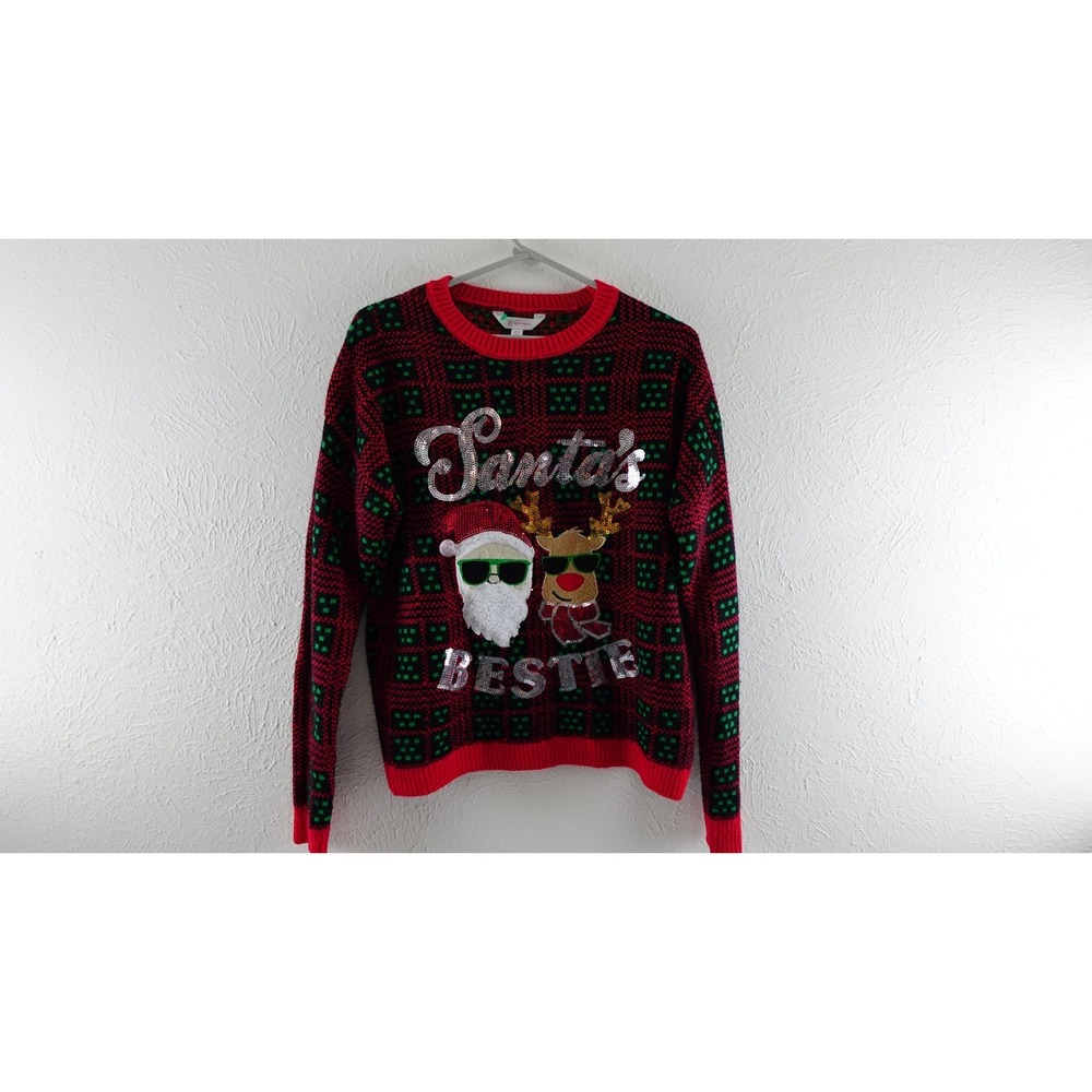 No Boundaries Womens Ugly Christmas Sweater Santa's Bestie Sequins Size LG 11-13